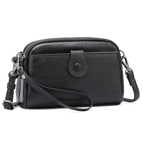 GAEKEAO Crossbody Bags for Women Small Genuine Leather Shoulder Bag, Cross Body Bag with Wristlet Top Zipper，Black
