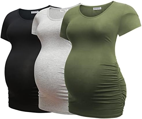 Bearsland Womens Maternity Tshirt 3 Packs Classic Side Ruched Tee Top Mama Pregnancy Clothes,Black+LightGray+ArmyGreen,M
