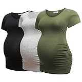 Bearsland Womens Maternity Tshirt 3 Packs Classic Side Ruched Tee Top Mama Pregnancy Clothes,Black+LightGray+ArmyGreen,S