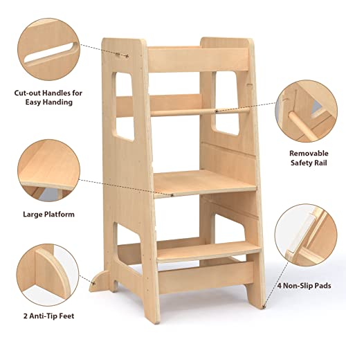 Wood City Kitchen Step Stool For Kids And Toddlers With Safety Rail, Adjustable Height Step Stool Helper Standing Tower Learning Stool For Bathroom & Kitchen Counter #TOP2