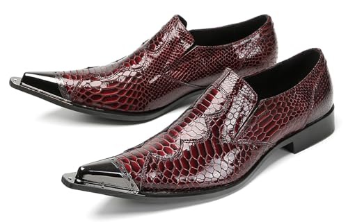 Santimon Men's Slip-On Penny Loafers Dress Casusl Shoes - Burgundy Red Crocodile Pattern Genuine Leather Metal Pointed Toe Mocasines with Gold Accent for Party Disco Bar