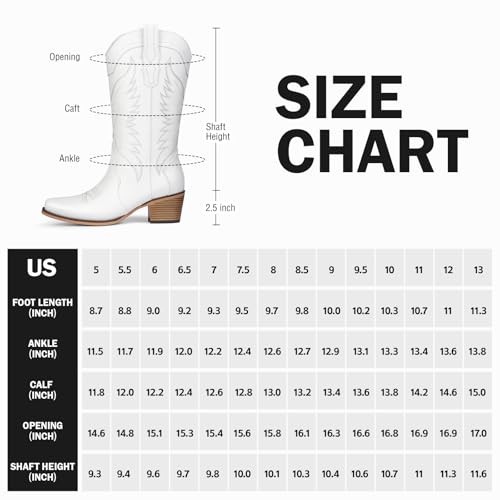 Western Cowboy Boots for Women – White Cowgirl Boots with Pointed Toe, Mid‑Calf Chunky Heel, Classic Retro Embroidery angle 6