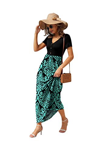 Image of GRECERELLE Womens Summer Long Maxi Dresses 2026 Short Sleeve V Neck Casual Button Dress with Pockets