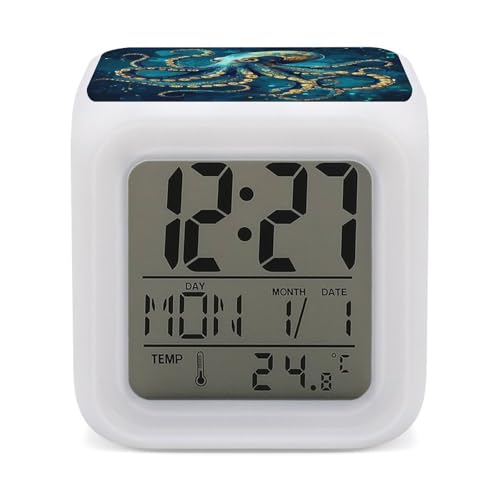 Octopus Monster Cthulhu - Reloj despertador digital con 7 colores cambiantes, luz nocturna para dormitorio con fecha y temperatura