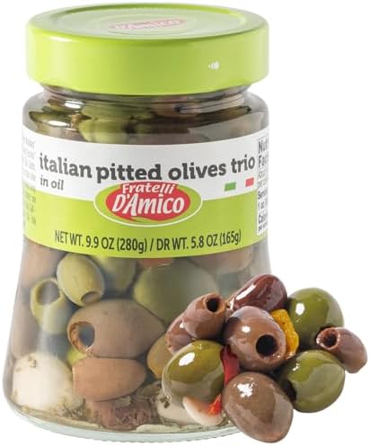 Italian Olives Mix Pitted with garlic and red and yellow peppers, Mediterranean mixed Olives in oil, Product of Italy, N WT 9.9 oz, DR WT 8.5 oz, Fratelli D'Amico