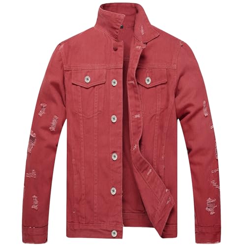 Image of LZLER Men's Denim Jackets Distressed Destroyed Classic Vintage Slim Fit Ripped Fashion Trendy Trucker Jean Jackets