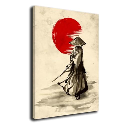 GENGSHENG Toile murale style vintage samouraï japonais, impression sur toile de Bushido – impressions sur toile de peintures à thème lune rouge – affiches de Bushido – affiches de décoration