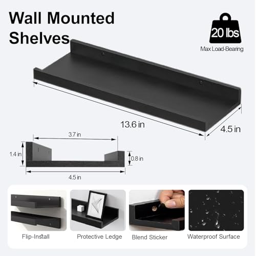 Image of Black Floating Shelves for Wall Decor, 14 in Shelf with Lip Set of 2
