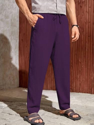 Image of TOPLOT Men's Premium Linen Blend Pants | Lightweight Breathable Fabric | Elastic Waist with Drawstring | Straight Fit | Side Pockets | Perfect for Casual, Holidays & Travel (5268)