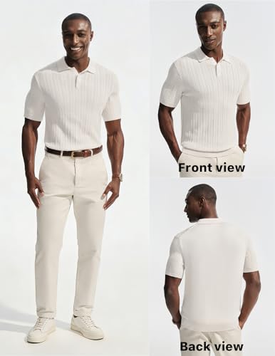 PJ PAUL JONES Mens Short Sleeve Knit Polo Shirts Casual Textured Polo Golf Shirts Summer Beach Shirt Ivory White 2XL — view 4