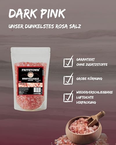 FRITZTOWN Rosa Kristallsalz bekannt als Himalaya Salz, Dark Pink, grob für Salzmühle, 500g, wiederverschließbar, original aus Punjab Pakistan