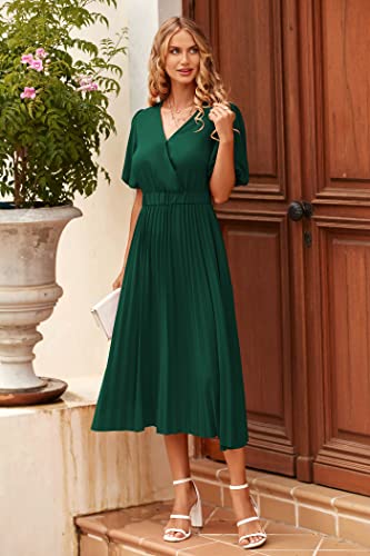 Prettygarden Women's Summer Pleated Midi Dress Wrap V Neck Puff Sleeve Casual Chiffon A Line Flowy Dresses (Dark Green,Large) #TOP2