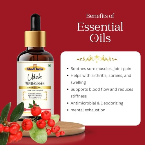 Image of Khadi Wintergreen Essential Oil 15ml | Pure & Natural Oil for Aromatherapy, Skin Care, Muscle, Joint Massage, Deodorising, Relaxation | Suitable for All Skin Types | For Men & Women