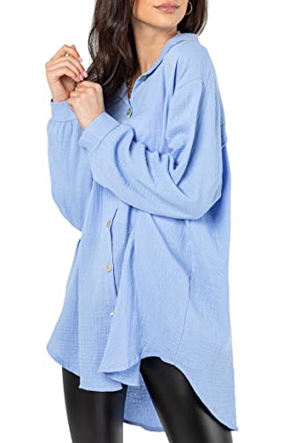 Sublevel Damen Musselin Bluse Muslin Long-Bluse Langarm Oversize Baumwolle...