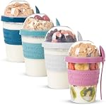 EYNEL On The Go Cereal Yogurt Cups with Lids and Spoon, Overnight Oats Container, Reusable Parfait Plastic Milk Jar Breakfast Crunch Granola Oatmeal Smoothie Snack Prep Bowl To Take Along (4 Pack)