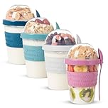 EYNEL 4 Pack On The Go Cereal Yogurt Cups with Lids and Spoon, Overnight Oats Container, Reusable Parfait Plastic Milk Pot Breakfast Crunch Granola Oatmeal Smoothie Snack Prep Jar