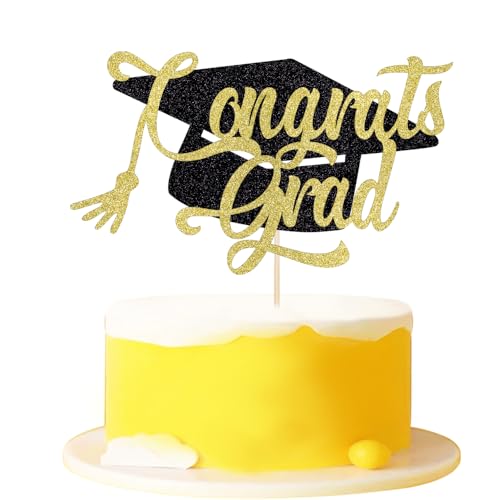 FmiyunEea Black Gold Glitter Congrats Grad Cake Topper - Graduation Cap Cake Pick for Class of 2026 Grad Party Decorations, High School College Graduation Party Supplies