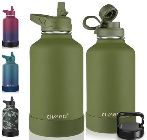 Image of CIVAGO 64 oz Insulated Water Bottle With Straw, Half Gallon Stainless Steel Sports Water Flask Jug with 3 Lids (Straw, Spout and Handle Lid), Large Metal Thermal Cup Mug, Army Green