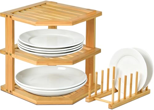 Image of Bamboo Plate Organizer for Cabinet Set,3 Tier Corner Shelf & Plate Holder | Space Saver Wooden Dish Racks, Vertical Cabinet Organizer Shelf for Kitchen Pantry RV Dishes,Bowls,Mugs,Spice,Cups,Lids,1 Set