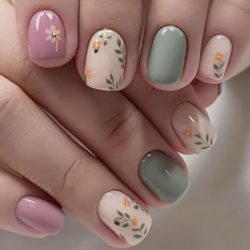 Spring Press on Nail Short Square Fake Nails Full Cover Green Lea...