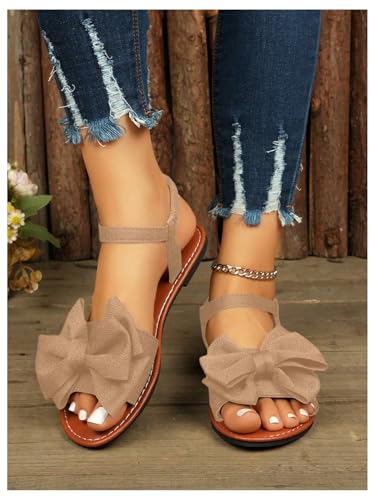 Image of GORGLITTER Women's Bow Flat Sandals 2026 Dressy Cute Ankle Strap Slides | Summer Shoes for Women 2026, Slip On Open Toe Flats, Slingback Slides, Vacation Dress Sandals