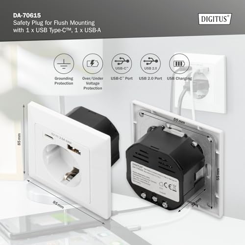 Prise encastrée avec chargeur USB double port type A et C pour boîte mince - 5