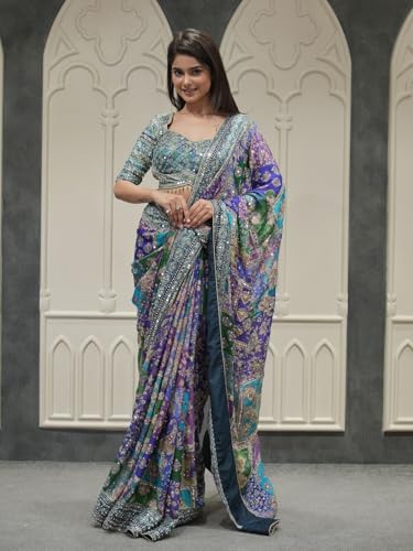 Image of Women's Soft Chinnon Silk Digital Print Saree with Embroidery and Real Mirror Work, Designer Traditional Saree with Elegant Piping Border and Unstitched Blouse