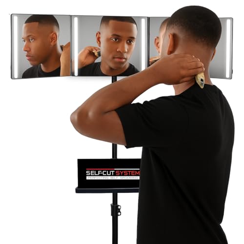 Self-Cut System Angel Lights Basic - 3-Way Mirror with Rechargeable LED Lights Adjustable Height Portable Trifold Mirror Tripod with Attachable Clipper & Trimmer Tray 84 H x 20 W - Black