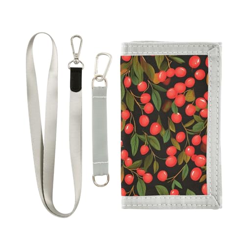 Red Berry Foliage Durable Nylon Fabric Wallet for Boys and Girls - Multi-Functional with 2 Clear Pockets, Zipper Coin Compartment, 3 Card Slots & Keyring