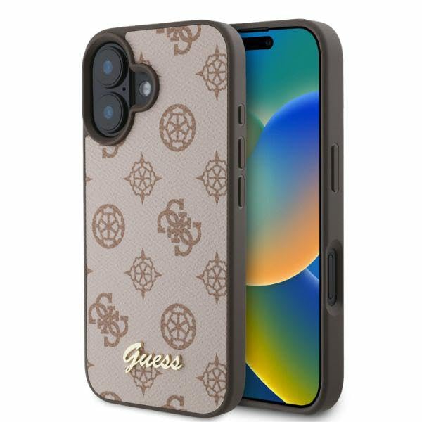 CG Mobile Guess GUHMP16SPGPYSW Coque Rigide pour iPhone 16 6,1" Marron Motif Pivoine Script