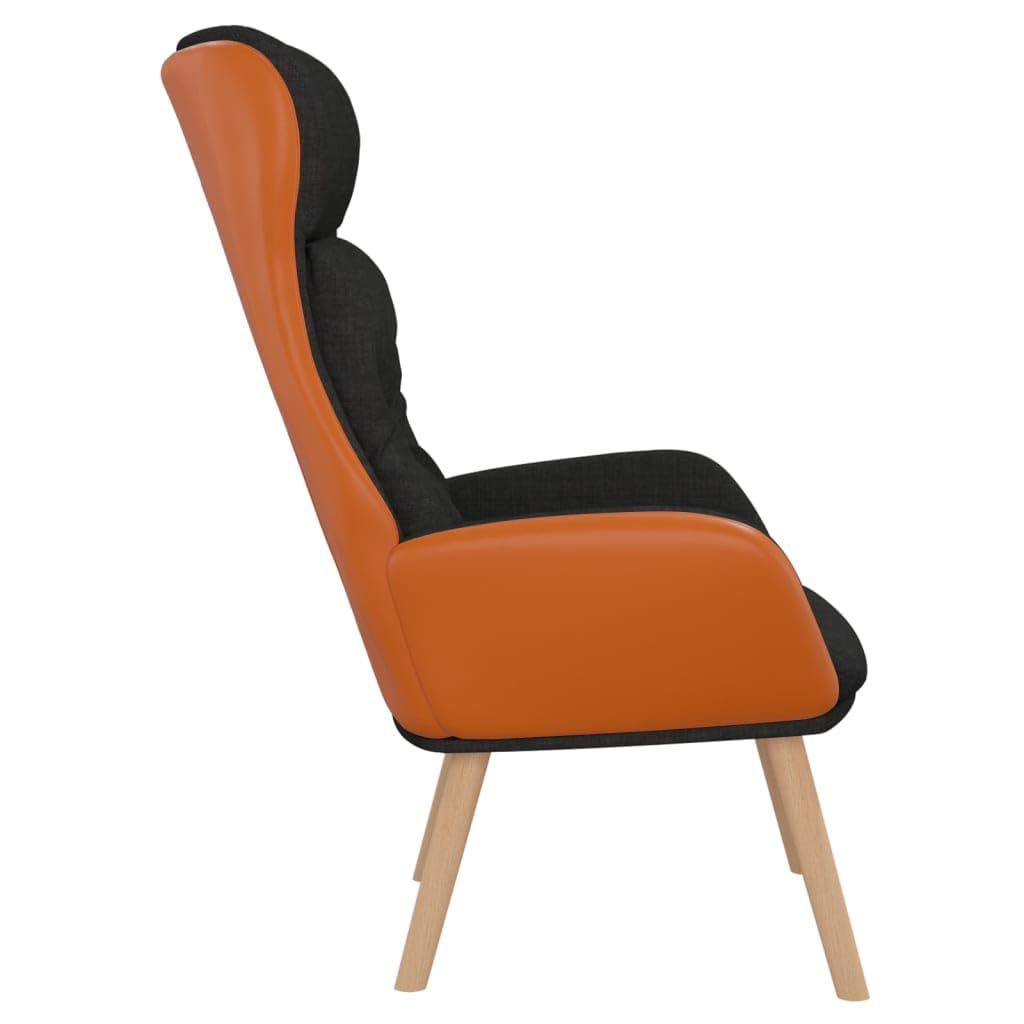 Poltrona relax nera con tessuto e rivestimento in PVC, spessa imbottita, telaio in metallo e gambe in legno massiccio di caucciù, sedia da soggiorno stabile con braccioli per un riposo