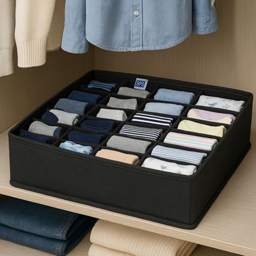 Image of Skrill 24-Compartment - Set of 2 | Non-Woven Foldable Cloth Storage Box Set Underwear, Socks, Ties, Scarves, Bras, Lingerie Drawer Organization | Space Saving Divider Organizer Closet Storage | Black