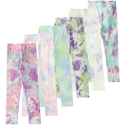 6 Pack Girls Printed Leggings Basic Full Length Stretchy Leggings for Kids Soft Pants Girls' Tie-Dye Leggings