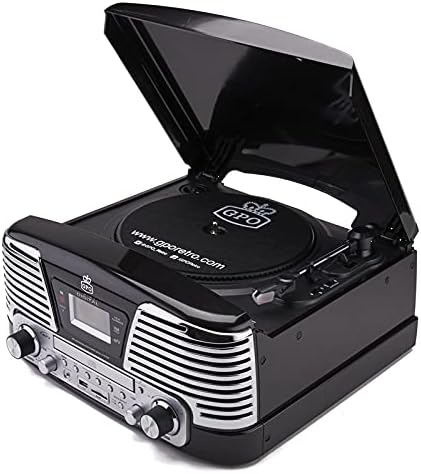 GPO Memphis 4-in-1 Music Centre with CD Player, FM Radio, Portable 3-Speed Record Player with Built-in Stereo Speakers, Vinyl Turntable Record Player, Black