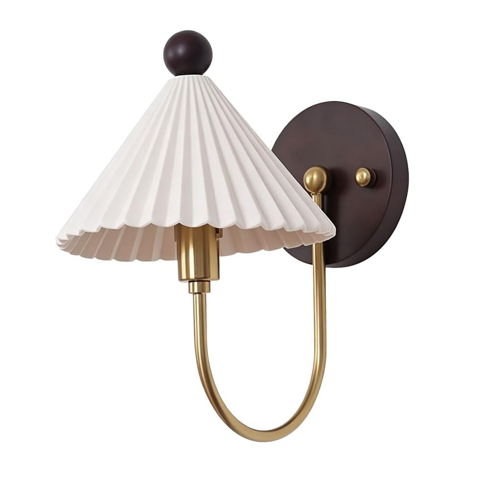LUOYAOB Retro Gold Pleated Ceramic Wall Sconce Japanese Style Walnut Wood Wall Lamp Indoor Hardwired Lighting Fixture for Bedroom Bedside Dining Room Hallway Stair Aisle Farmhouse Home Decor