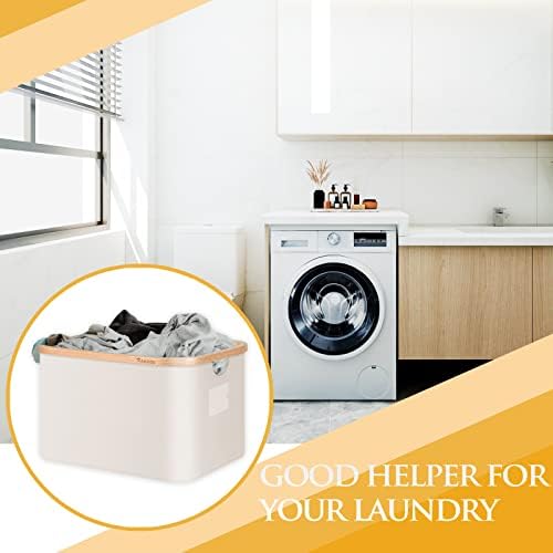 DAKCOS 2 Pack Foldable Laundry Basket with Handles Bamboo Rim Collapsible Fabric Laundry Hamper for Storage Clothes Toys in Bedroom,Bathroom,32L,Beige