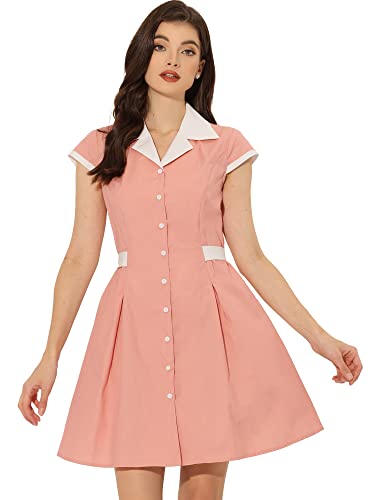 Image of Allegra K Women's Vintage Button Down Shirt Dress Notch Lapel Short Sleeve Belted Office Mini Short Dresses