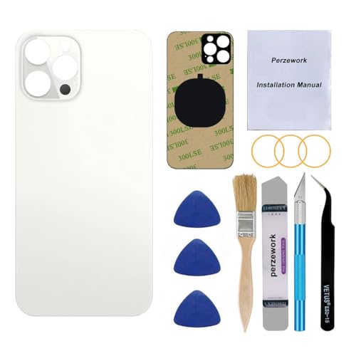 Perzework OEM Back Glass Replacement (Silver) Compatible with iPhone 12 pro max 6.7 inches All Carriers with Pre-Installed Adhesive and Repairing Tool Kits