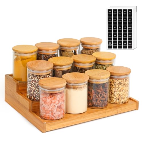 ComSaf Spice Rack with Jars and Labels, 12Pcs 6oz Spice Jars with Labels, Empty Seasoning Jars, Spice Rack Organizer for Cabinet, 3 Tier Bamboo Spice Rack for Table, Pantry, Cupboard