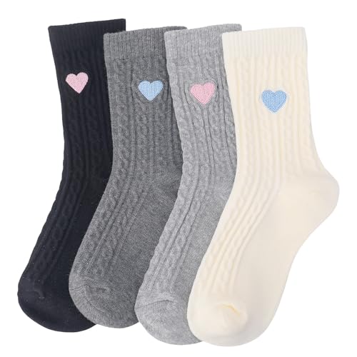Jspupifip 4 Pairs Novelty Cute Crew Socks for Women Cozy Cotton Socks with Embroidery Heart Pattern for Everyday Casual Wear