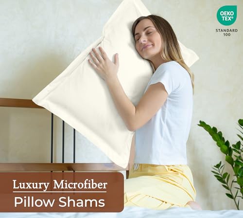 Image of Royale Linens Pillow Shams 2 Pack Euro Size 26x26 Inch - Brushed 1800 Microfiber - Bed Shams, Wrinkle & Fade Resistant Super Soft and Cozy - Envelope Closure - Oxford Pillowcase (Euro,Ivory)