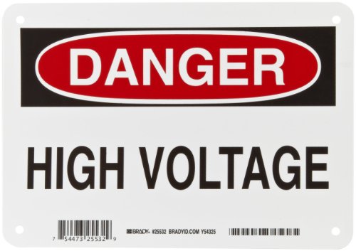 Brady 25532 7\" Height, 10\" Width, B-401 Plastic, Black And Red On White Color Admittance Sign, Legend \"Danger, High Voltage\"