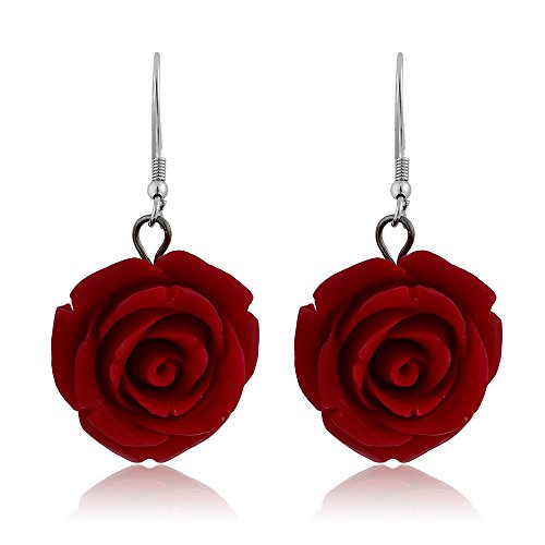 Gem Stone King 20Mm 925 Sterling Silver Red Simulated Coral Carved Rose Flower Earrings #TOP2