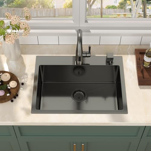 Mocoloo 25 Inch Gunmetal Black Drop in Kitchen Sink - 25" x 19" T304 Stainless Steel Handmade Single Bowl Round Corner Topmount 9" Deep Above Counter Basin by Mocoloo - Used condition - Image 4