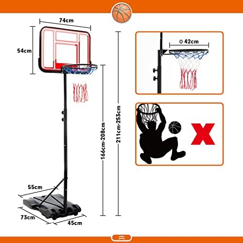 JL Comfurni Basketball Hoop and Stand for kids and Youth Adjustable 166-208cm, Basketball Stand Outdoor Portable Basketball Hoop Net with 2 Wheels and Transparent Polyethylene Shatterproof Backboard