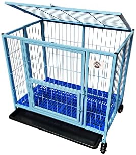 Folding Blue, Open Top Heavy Duty Dog Pet Cage Kennel w/Tray, Floor Grid, Blue Plastic Flooring and Casters (37″)