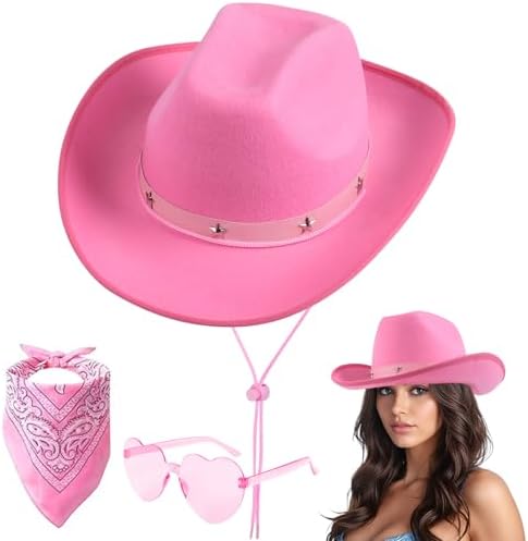 Aomig CowboyHut Damen Herren Fashion Westernhut Cowboyhüte Cowgrilhut-A | Rockstar Randlose Hippie Herzförmige Brille Halstuch Wilder Westen Party Geburtstagsfeier Fasching Karneva
