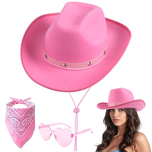 Aomig Chapéu de Cowboy, 3Pçs Chapéu Vaqueiro Masculino com Bandana e Óculos de Amor, Chapéu de Cowboy Masculino Feminino, Chapéu Western Cowgirl para Banda Country Praia Natural Brasileiro