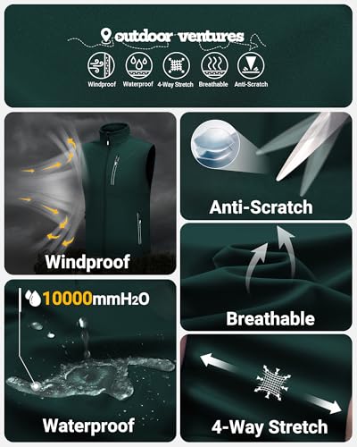 Outdoor Ventures Softshell Weste Herren Outdoor Fahrradweste Wasserdicht Winddichte Ärmellose Jacke Full Zip Atmungsaktive Laufweste Dunkelgrün M