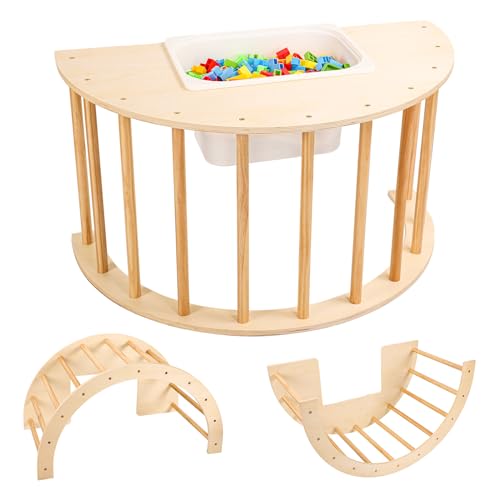 BOXOB 3 en 1 Mesa Sensorial con Arco de Escalada Montessori para Niños, Arco Mecedora para Niños Pequeños, Juguete de Escalada Montessori de Madera con Contenedor y Placa de Cubierta (Color Madera)